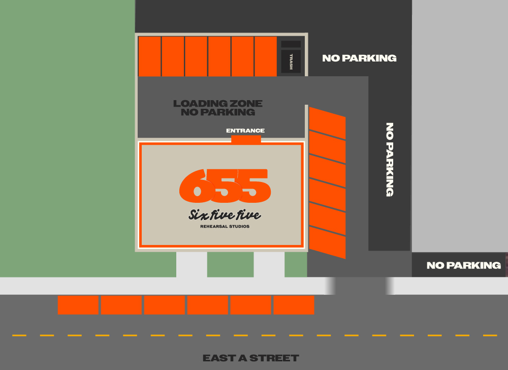 Property layout map for 655 Rehearsal Studios on East A Street. A long driveway leads from the main street down the side of the building to the back lot. The main studio entrance is located exclusively at the rear of the building, with designated client parking stalls highlighted in the back lot and along the side driveway. Front entry doors facing East A Street are marked as inaccessible.