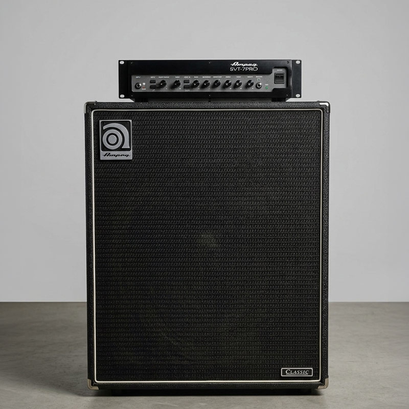Ampeg SVT-7 Pro amplifier head and Ampeg SVT-410HLF bass speaker cabinet backline inventory unit.