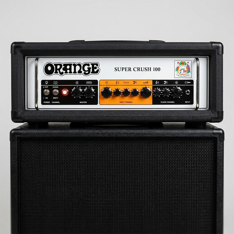 Front view of an Orange Super Crush 100 solid state 100-watt guitar amplifier head in black vinyl casing sitting on top of a matching black speaker cabinet.
