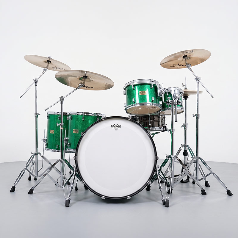 Premium Pork Pie acoustic drum kit with hardware and cymbals ready for rehearsal.